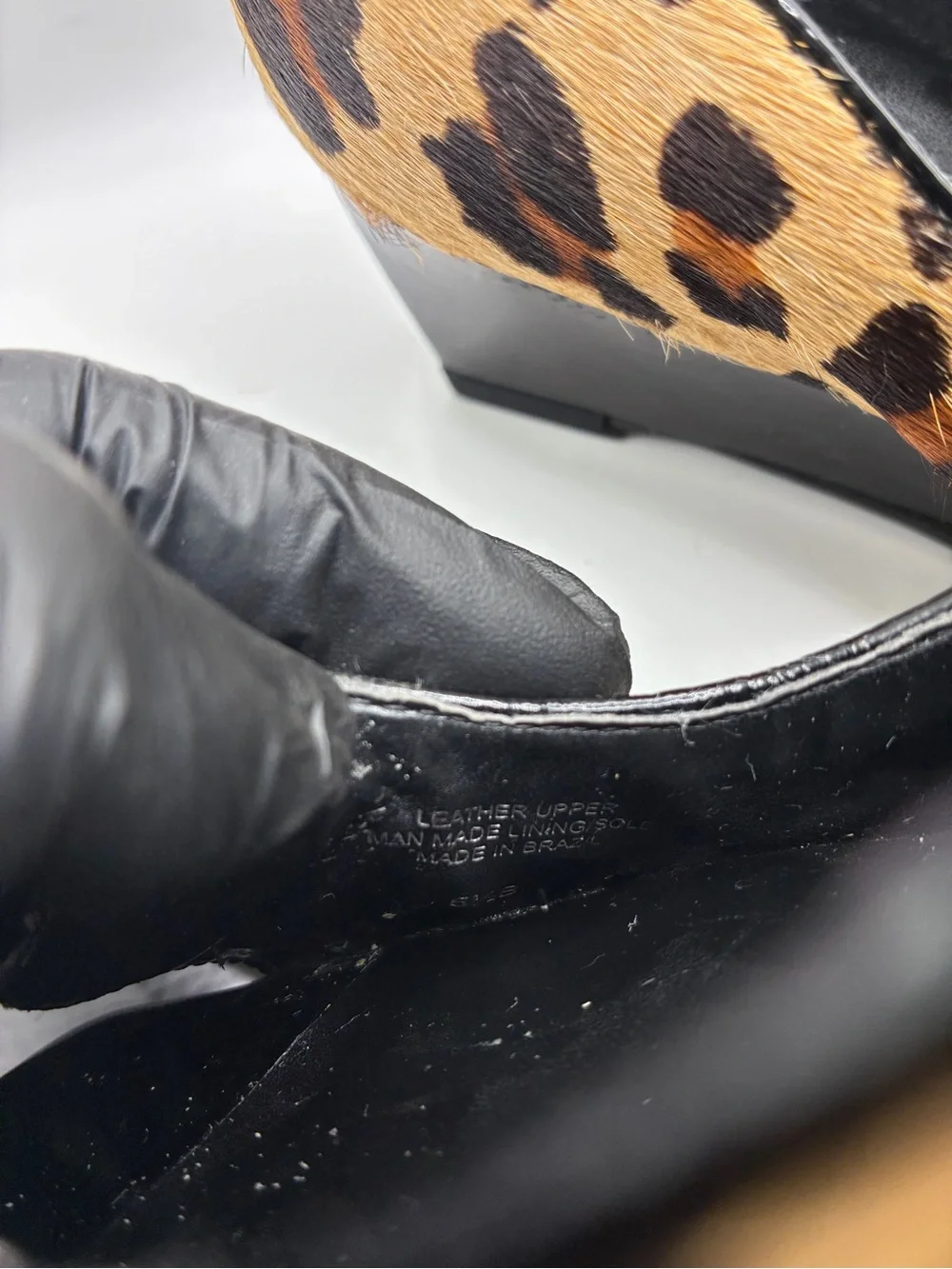 BCBGMAXAZRIA Leopard Calf Hair Peep Toe Wedge Heels Women’s 5.5B Leather Shoes